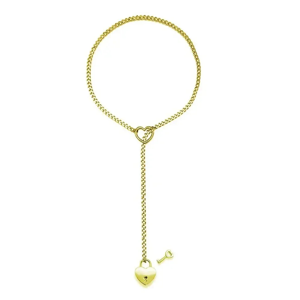 Adjustable Heart O-Ring Punk Rock Cuban Chain Necklace – Lariat Y-Style Necklace with Key & Heart Lock Pendant